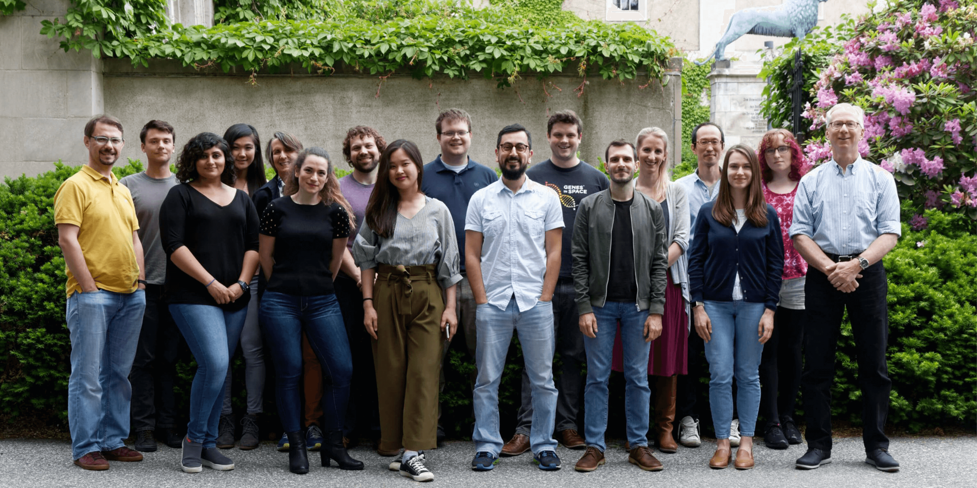 Group shot of Macklis Lab members outside the Center for European Studies in 2019