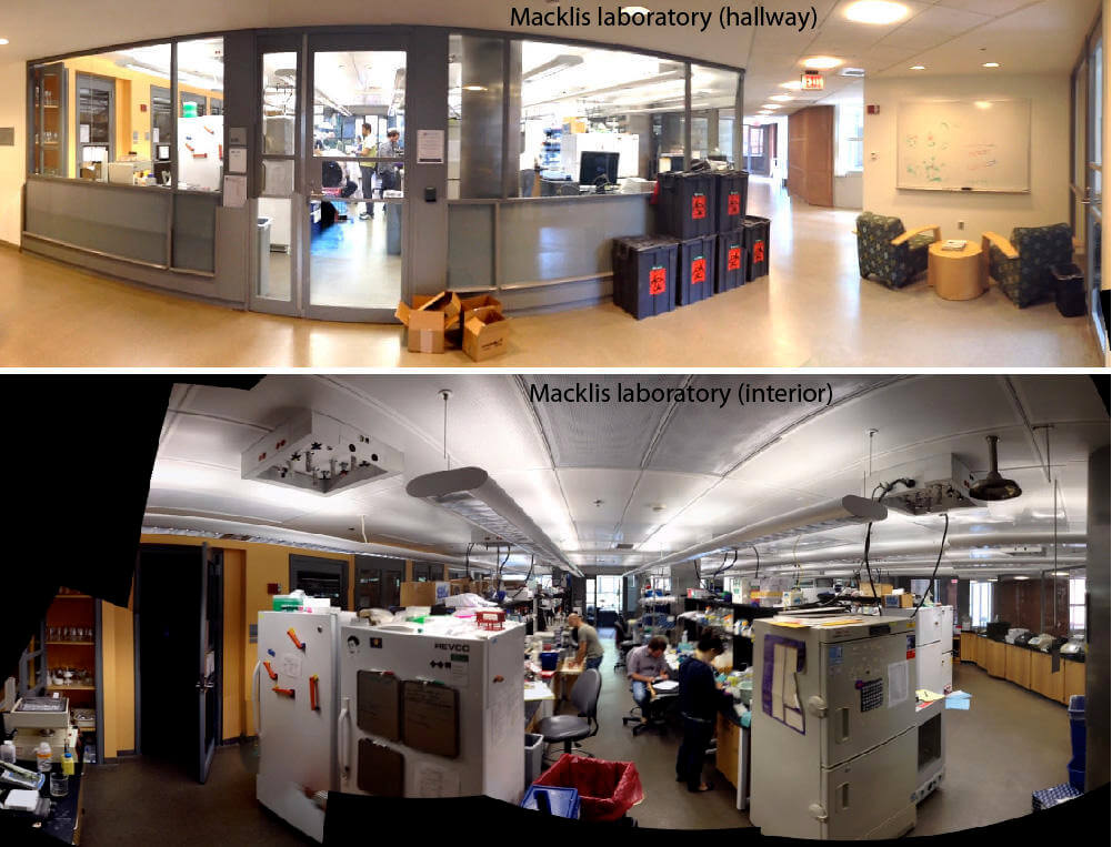 Diptych of a laboratory: views from outside and inside.